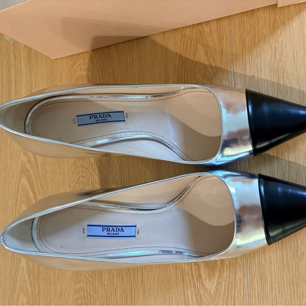 Prada Metallic Silver and Black Heels - Picture 3 of 8